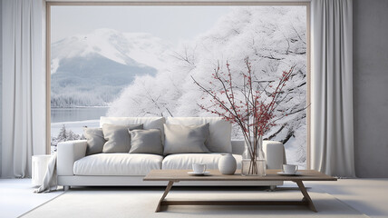 Minimalistic living room with modern white sofa, wooden floor, decor on wall, window with white snow landscape