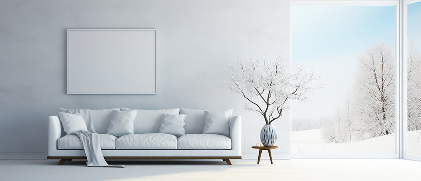 Minimalistic living room with modern white sofa, wooden floor, decor on wall copyspace, window with white snow landscape