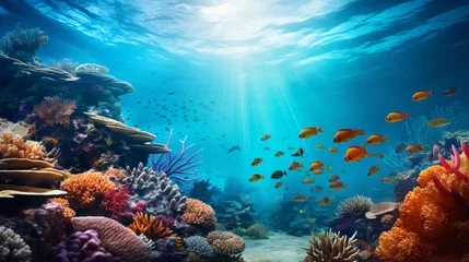 Rolgordijnen Large group of fish swimming over a coral © Tariq