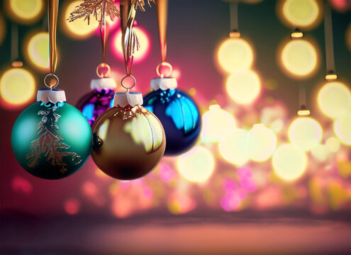 Christmas background with colorful baubles on bokeh lights background. Generative AI