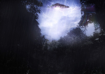 Ufo, spaceship light and alien in forest for mission, science fiction and fantasy in sky with...
