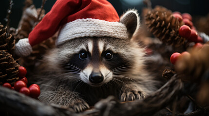 Raccoon in Santa hat. Generative Ai - obrazy, fototapety, plakaty