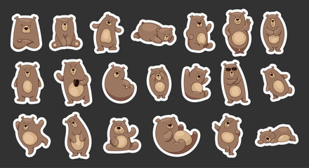 Bear character cartoon. Sticker Bookmark. Funny teddy in different pose and activities. Vector drawing. Collection of design elements.