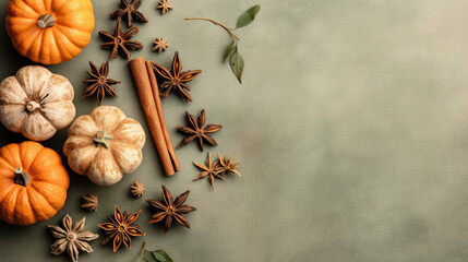 Flat lay photo with pumpkin spice ingredients, cinnamon sticks, anise star arranged in left corner, Autumn background with copy space, flat lay photo template