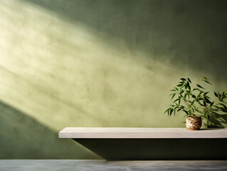 Wooden table mock up with a vase and green leaves on green background wall, copy space and product presentation concept