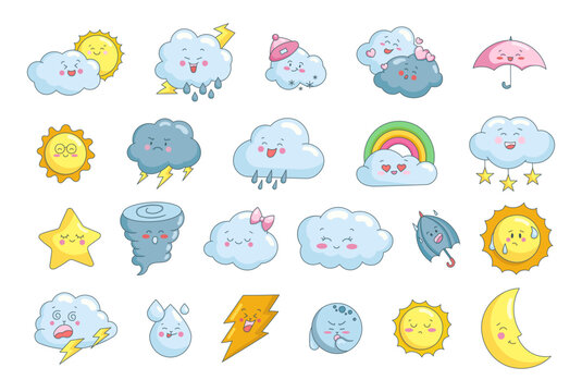 Cute weather characters. Weather forecast. Vector drawing. Collection of design elements.