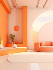 Luxury minimalistic futuristic interior design in pastel apricot orange tone with comfort sofa and big window