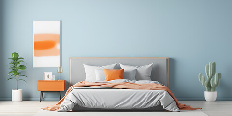 Modern minimalistic bedroom interior design in blue and orange tones with a bed, table, night stands and decoration