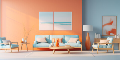 Modern minimalistic living room interior design in blue and orange tones with a comfort sofa, table, lights and decoration 