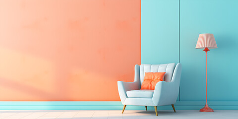  Modern minimalistic interior design in blue and orange tones with an comfort armchair 