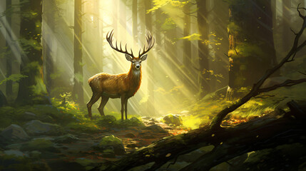 Painting of a deer in a forest with sunlight