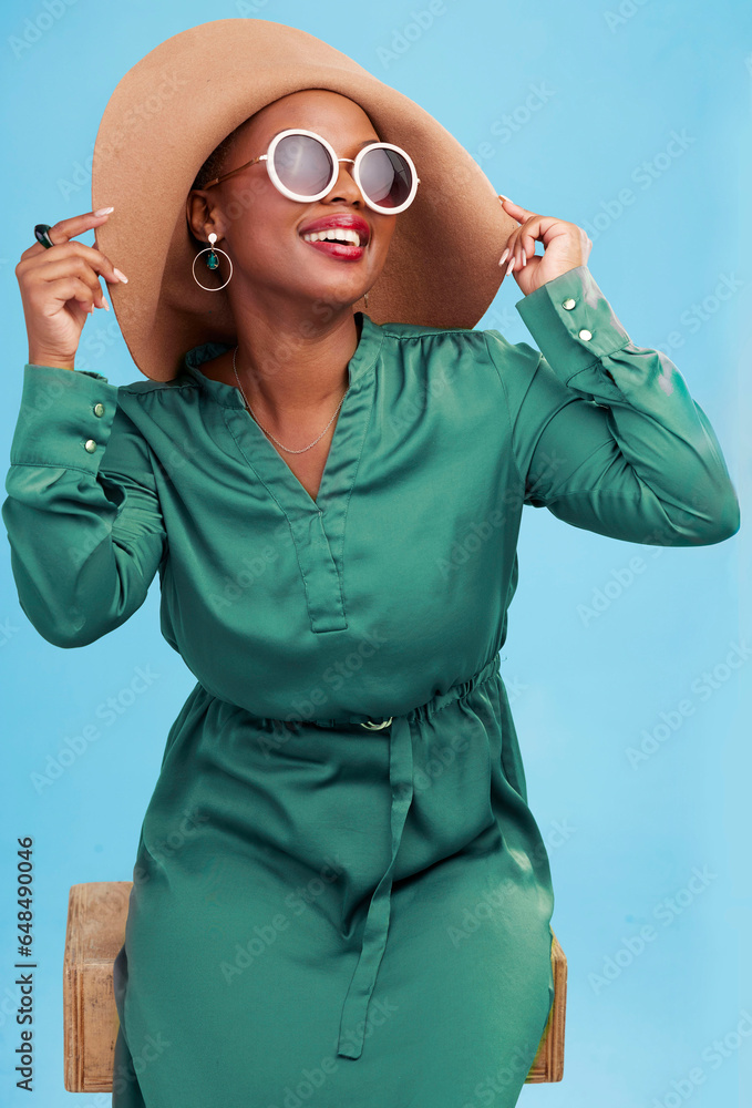 Sticker Fashion, travel and black woman with sunglasses for cool style summer isolated in a studio blue background. African, hat and young person relax with clothes for glamour or luxury accessories