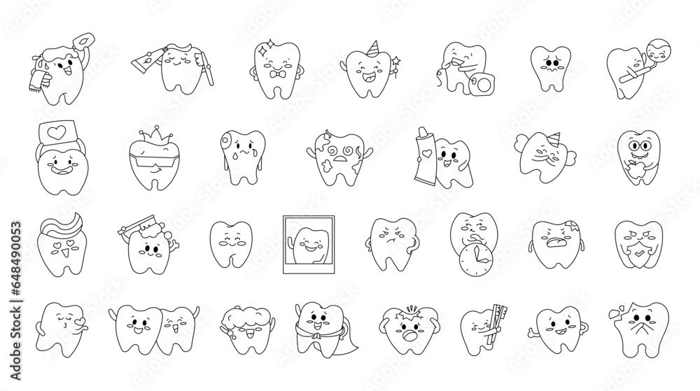 Wall mural cute tooth character. coloring page. care and cleaning concept. morning routine. dentistry. vector d