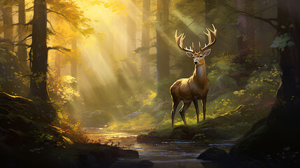 Painting of a deer in a forest with sunlight