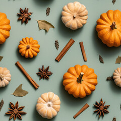 Seamless texture with pumpkin spice ingredients, flat lay photo with little pumpkins, anise stars and cinnamon sticks on muted green background, top view shot, repeat texture