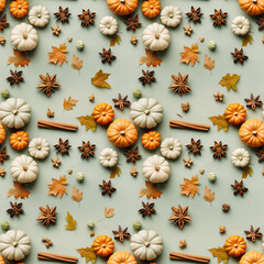 Seamless pattern with pumpkin spice, flat lay photo with pumpkins, autumn leaves, cinnamon sticks and anise star, repeat texture and autumn plants, muted colors, top view photograph