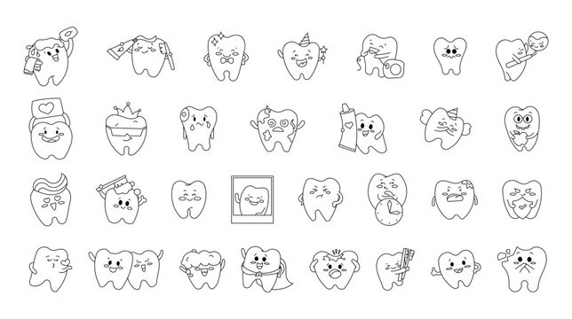 Cute tooth character. Coloring Page. Care and cleaning concept. Morning routine. Dentistry. Vector drawing. Collection of design elements.