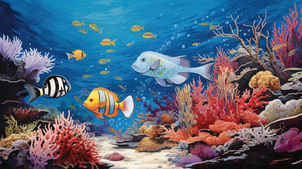 Painting of a group of fish swimming in the ocean