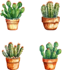 Fotobehang Cactus in pot Watercolor illustration set cactus in flower pots
