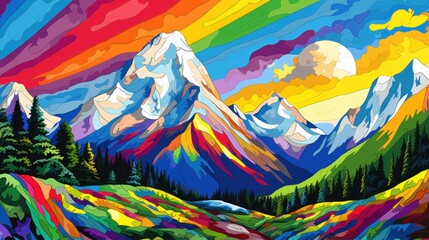 Pop Art Style of a Mountain Range Landscape and rainbow