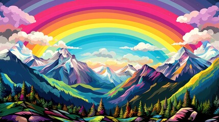 Pop Art Style of a Mountain Range Landscape and rainbow