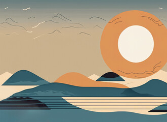 Fototapeta na wymiar Desert landscape with moon and mountains. Vector illustration in retro style. Generative AI