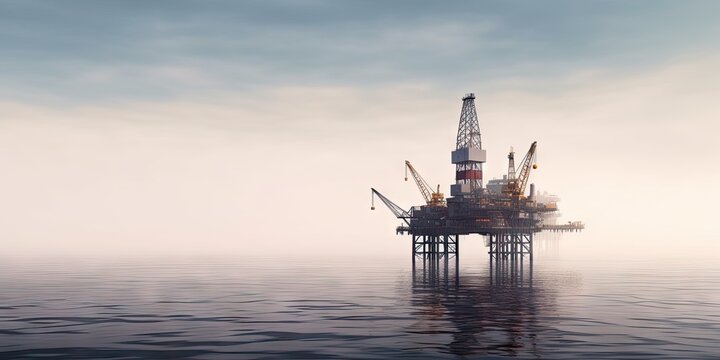 Sunrise over offshore oil. New day production. Harnessing energy. Drilling at sunset. Industrial seascape