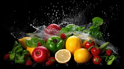 Poster fresh fruits and vegetables with water splashes black background © Beny