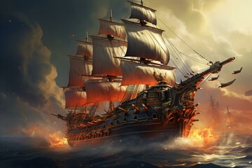 An image depicting a warship armed with large cannons. Generative AI - obrazy, fototapety, plakaty
