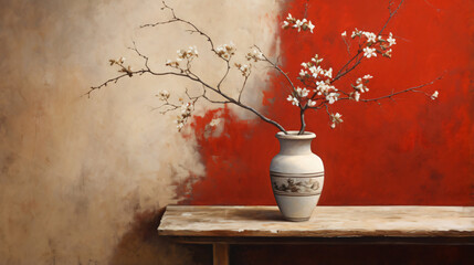 Painting of a wall with a red and white vase - obrazy, fototapety, plakaty