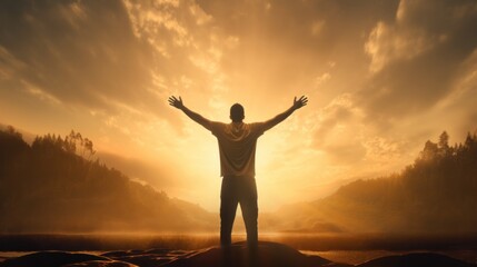 Fototapeta premium Silhouette of a man praising and symbol of a cross