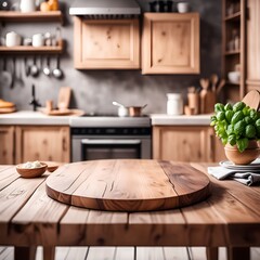 Empty wooden tray and a mint plant in a pot on an empty kitchen table in a kitchen with a blurred kitchen background with blurred equipment and cupboards for a product placement mockup design indoor. - obrazy, fototapety, plakaty