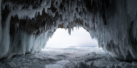 Ice cave on island Olkhon at Baikal Lake