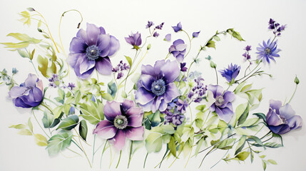 Painting of purple flowers with green leaves