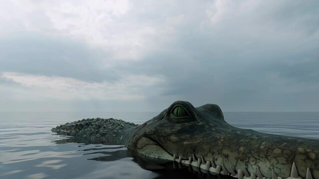 A close-up view of an alligator gliding slowly through the water.