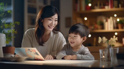 Asian beautiful young mother smiling teaching her son to do his homework in the living room
