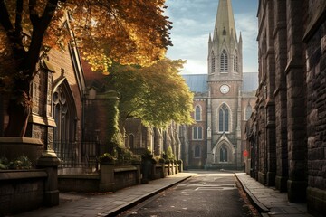Cathedral in Dublin with alley in the city. Generative AI