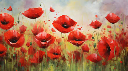 Painting of red poppies in a field of grass.