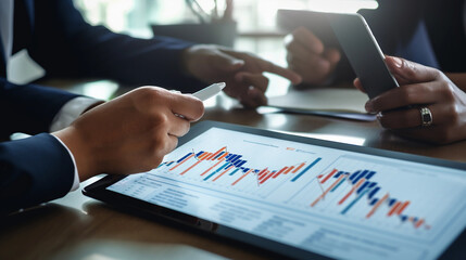 Asian executives engaged in chart analysis