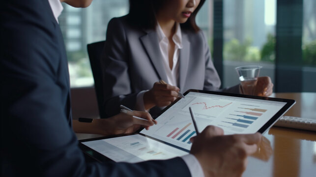 Asian executives engaged in chart analysis