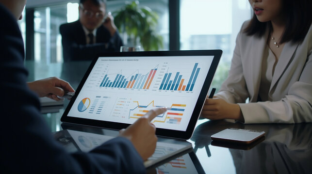 Asian executives engaged in chart analysis