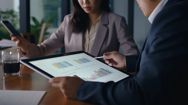 Asian executives engaged in chart analysis