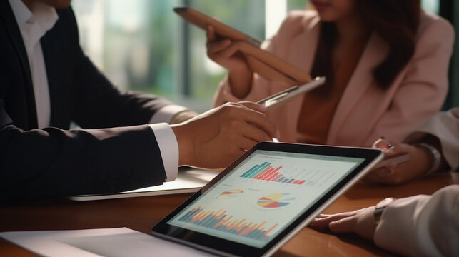 Asian executives engaged in chart analysis