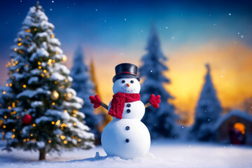 Holiday Elegance, Snowman and Realistic Christmas Tree Landscape, AI Generated