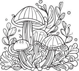 Fototapeta na wymiar Disney fall coloring pages, Happy Fall and mushrooms coloring page, Hello Fall Coloring Sheets, Autumn Fall Activities centrists coloring page