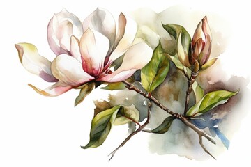 Watercolor drawing of a magnolia blossom on a white background, suitable for prints and postcards. Generative AI
