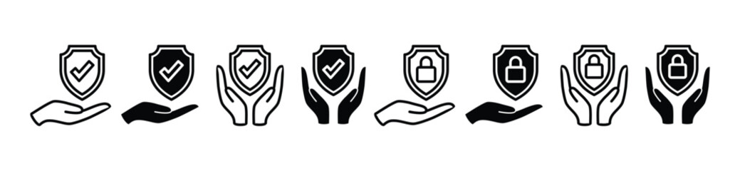 Insurance security thin line icons. Risk secure and safety, hand with shield protection, padlock, and check mark icon symbol. Editable stroke. Vector illustration