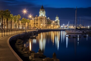 Nocturnal harbor view featuring Valencia's clock tower in Spain. Generative AI