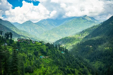 Foto op Canvas Aerial landscape of local homes in the mountain village of Jibhi surrounded by greenery and cedar forest himachal pradesh india. © 3 Travelers