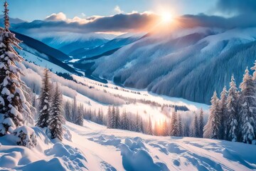 Perfect outdoor scene of winter mountains. Magnificent sunset in Carpathians, Ukraine, Europe. Snowy evening view of mountain valley. Beauty of nature concept background - obrazy, fototapety, plakaty